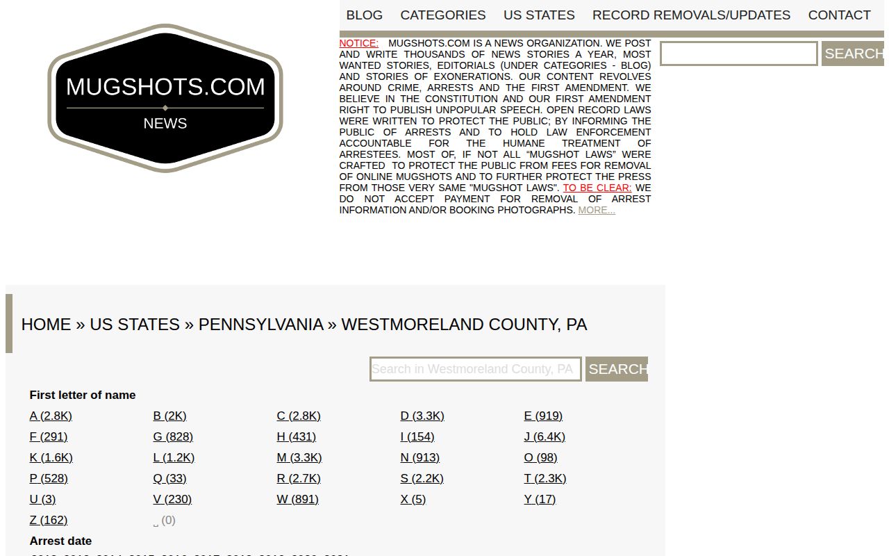 Unofficial Westmoreland County Mugshots.com archive page