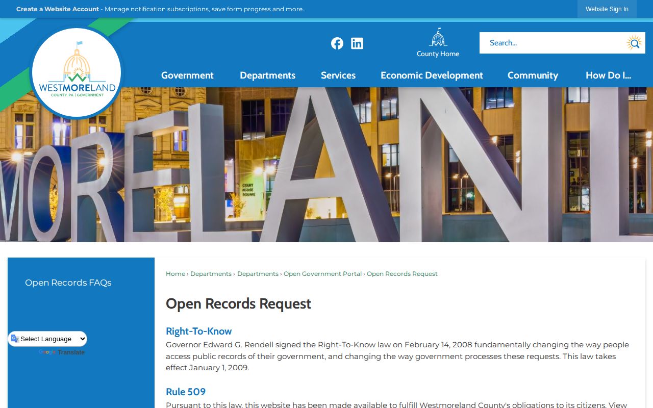 Westmoreland County booking record open-records request page